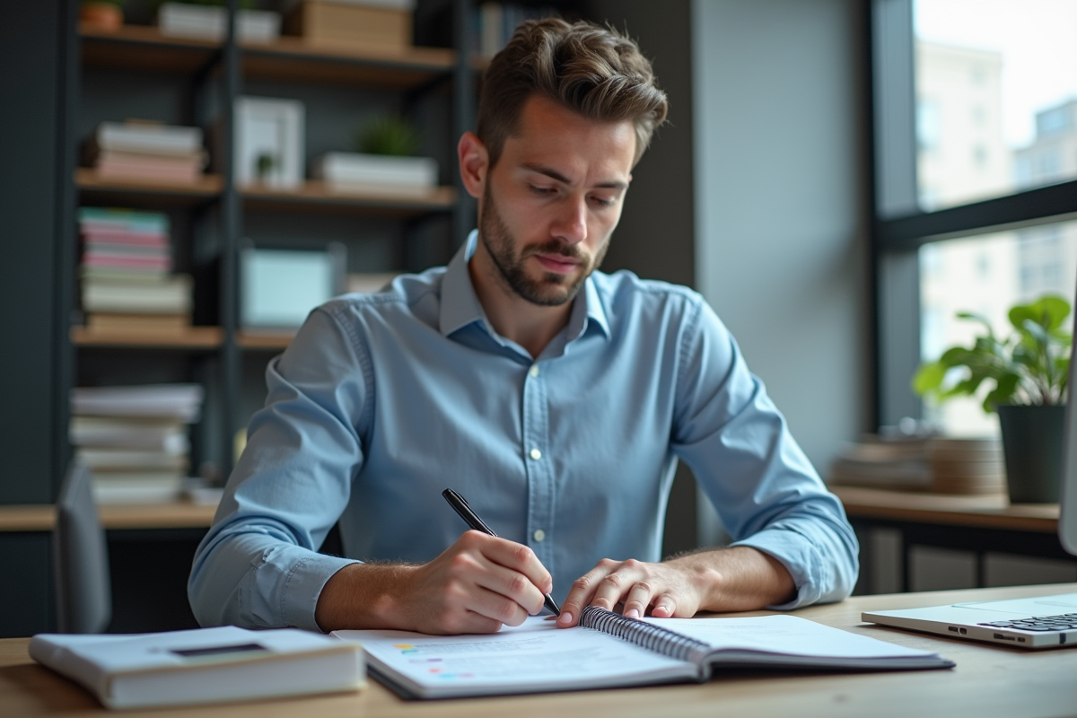 Jeune homme analysant des notes financières au bureau