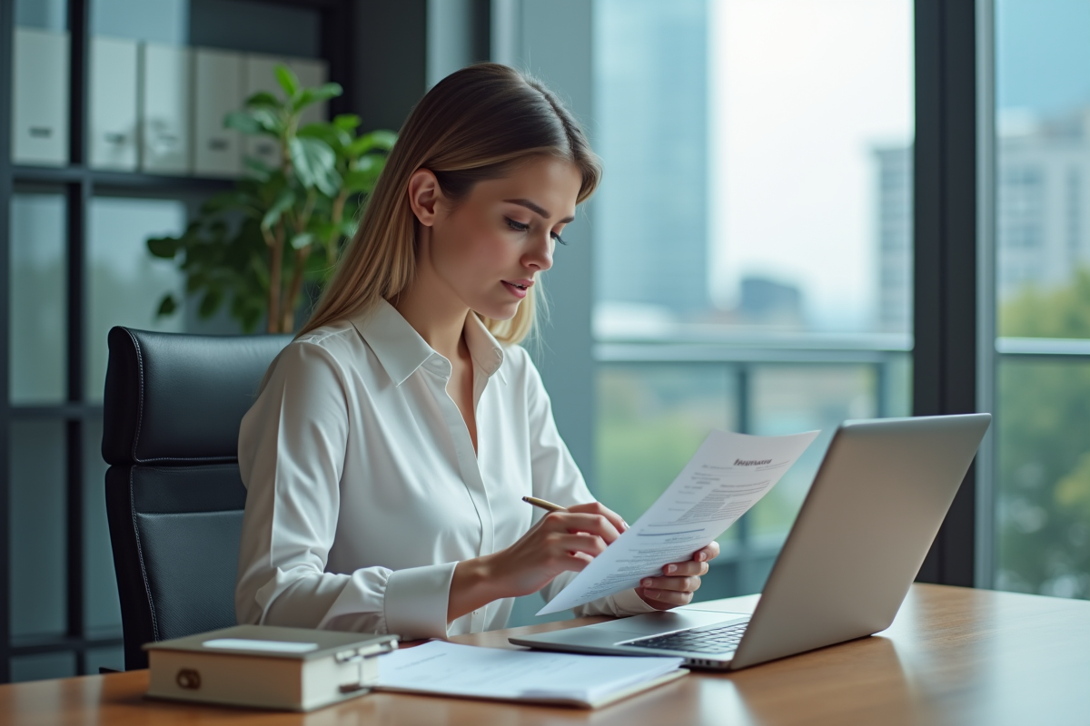Jeune avocate en bureau avec ordinateur et rapport financier