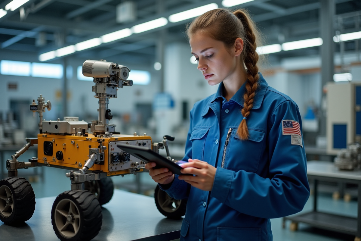 Jeune ingénieure examinant un modèle de rover sur Mars dans un laboratoire