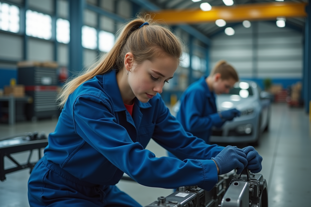 Etudiante en automobile installant un element dans un chassis