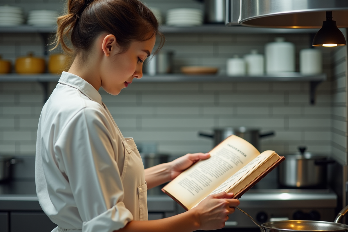 Jeune étudiante en cuisine moderne consulte un livre de recettes traditionnelles