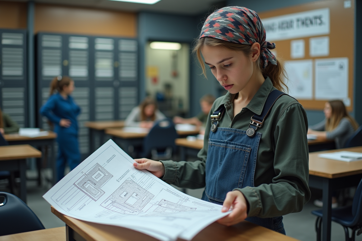 Jeune femme en tenue de travail consultant un plan dans un atelier