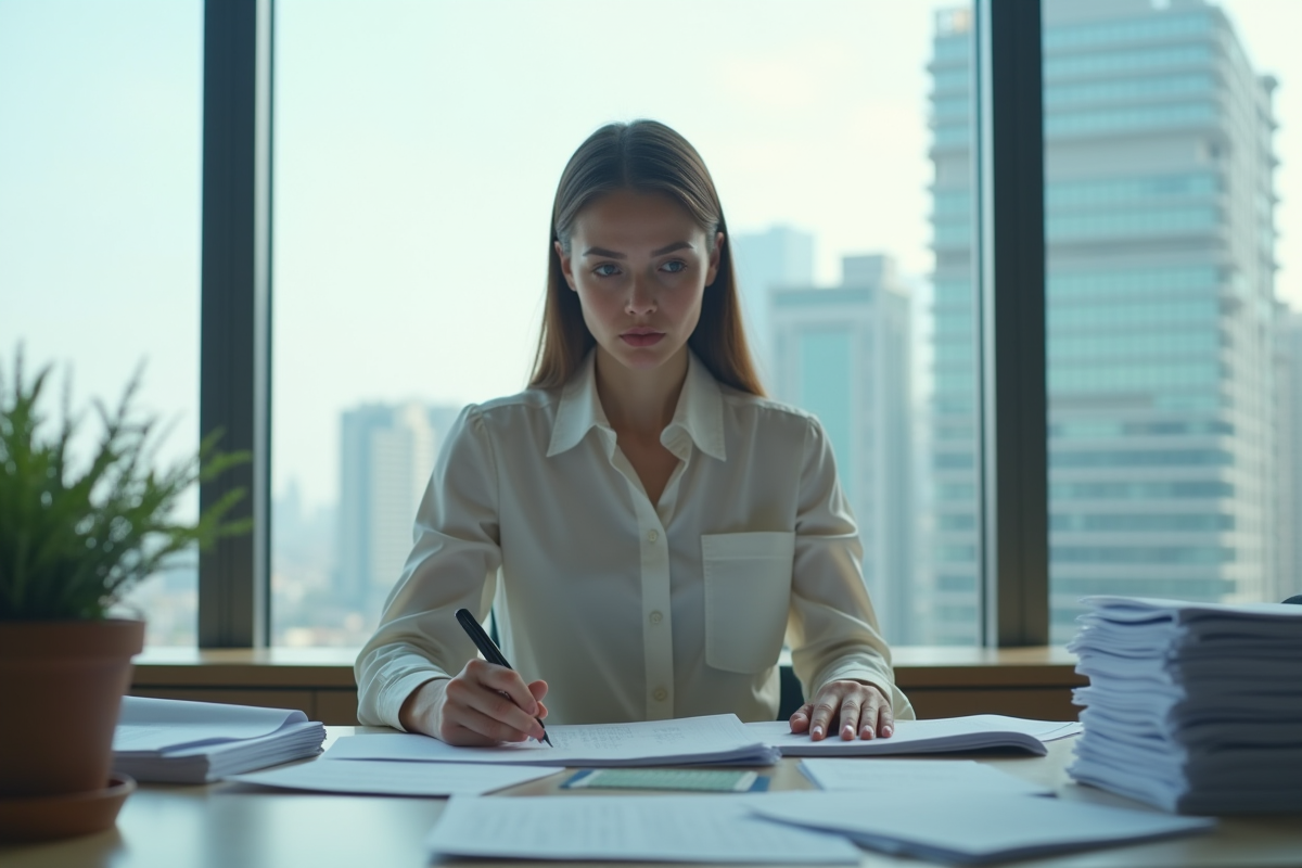 Jeune femme au bureau anxieuse et concentrée