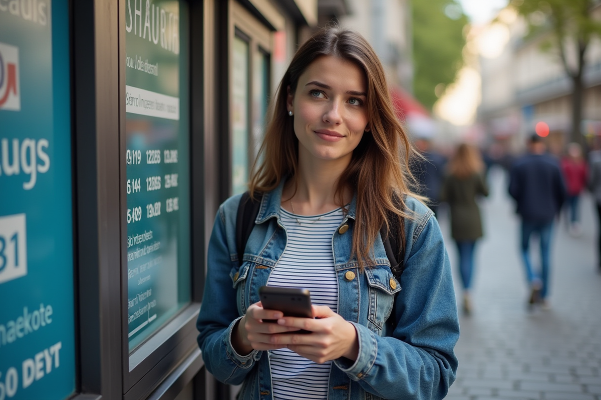 Jeune femme avec smartphone dans un bureau de change européen