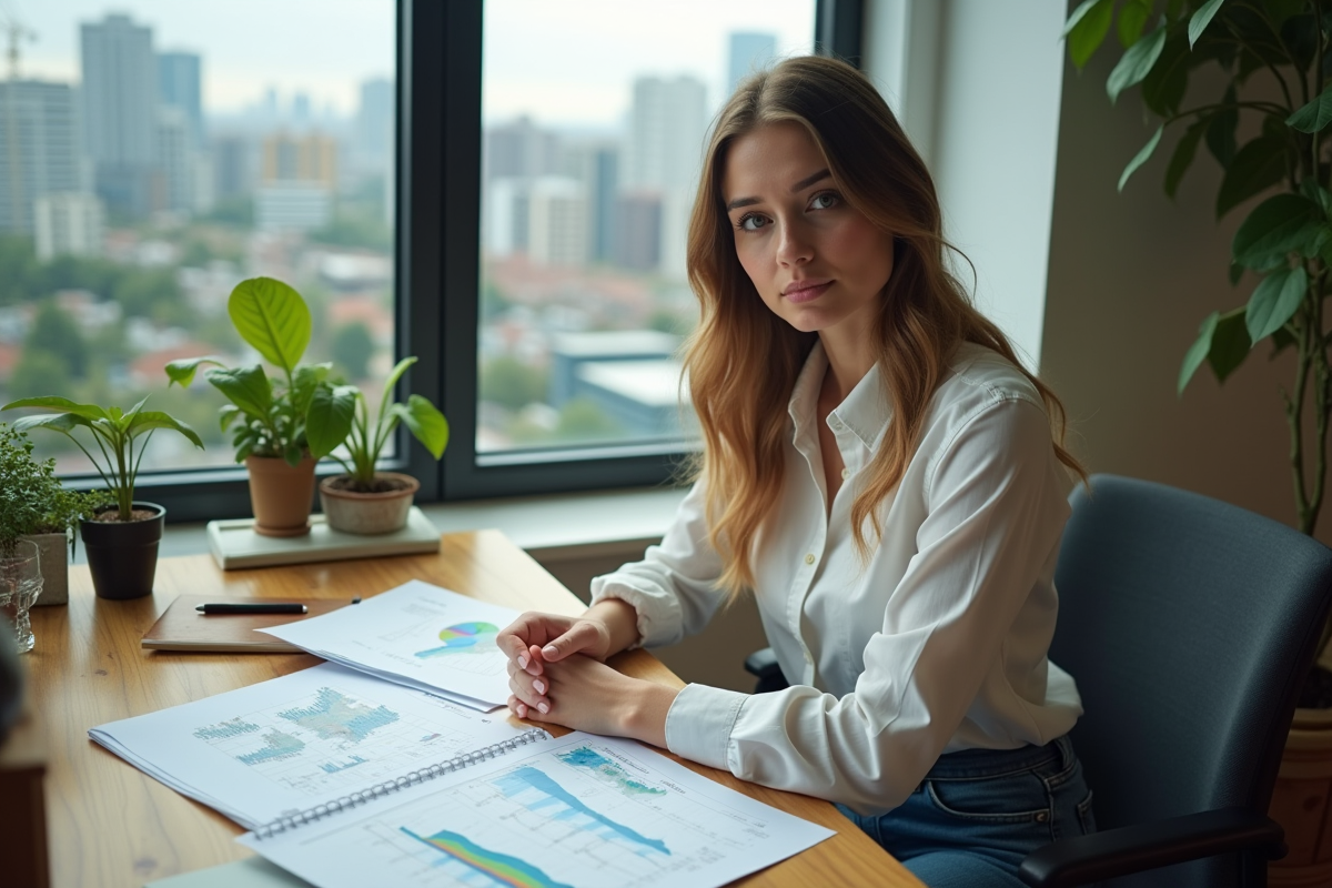 Jeune femme écologiste analysant rapports au bureau