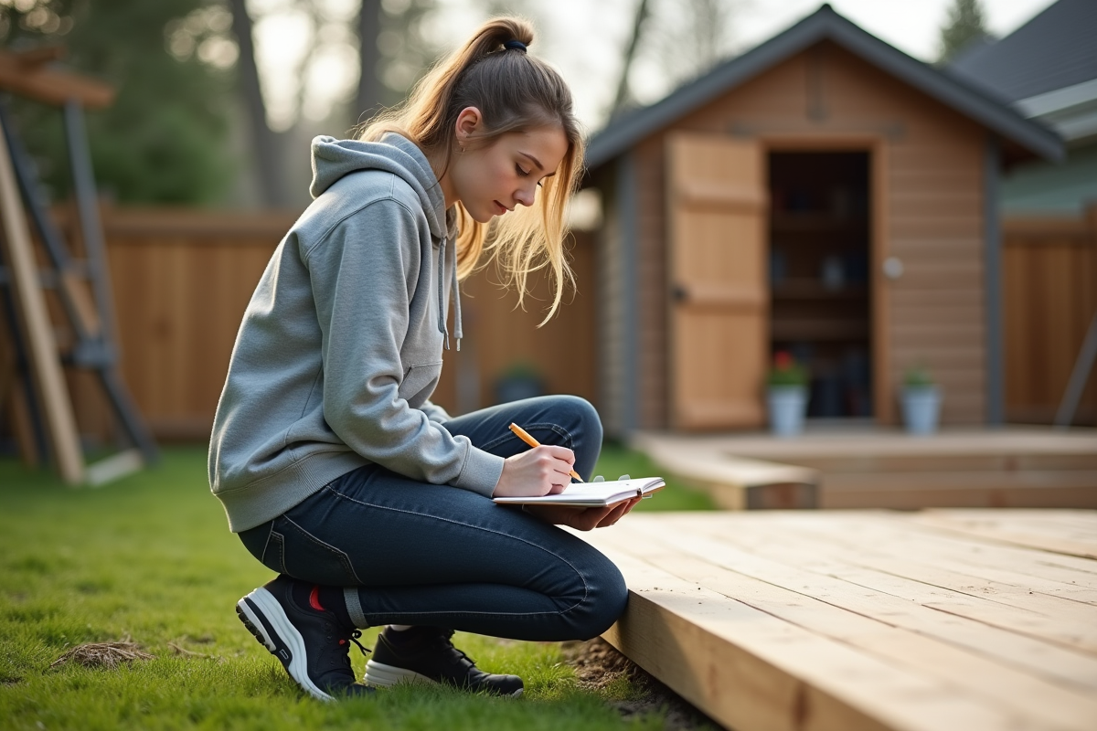 Jeune artisan femme travaillant sur une terrasse en bois en extérieur