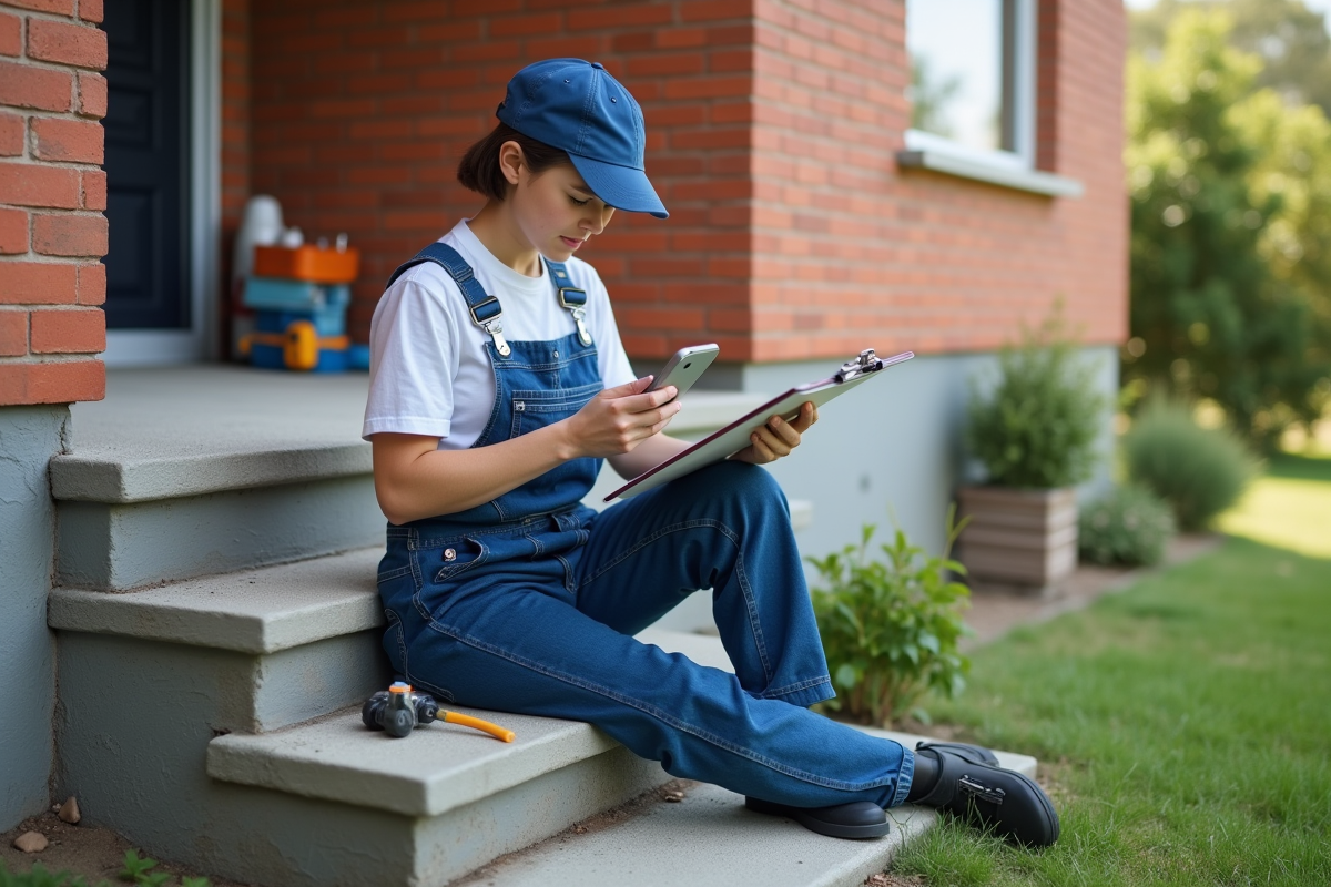 Jeune femme plombier avec outils devant maison