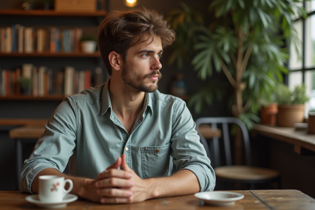 Jeune homme dans un café vintage avec décor chaleureux