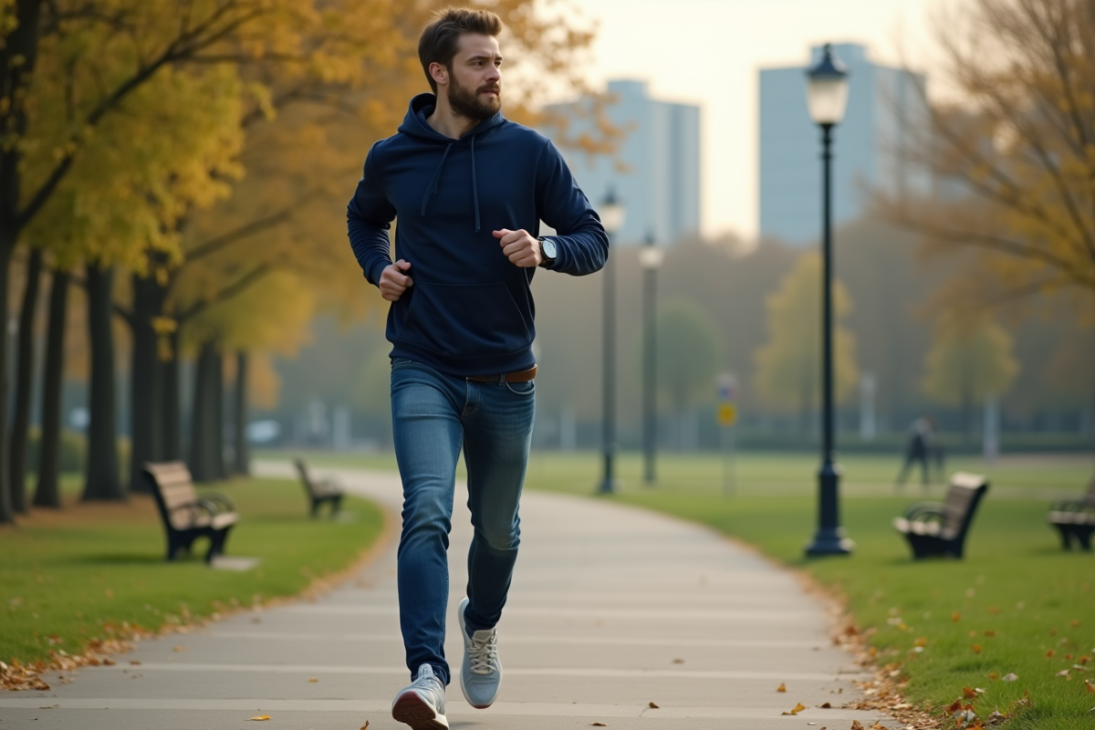Jeune homme courant dans un parc urbain au petit matin