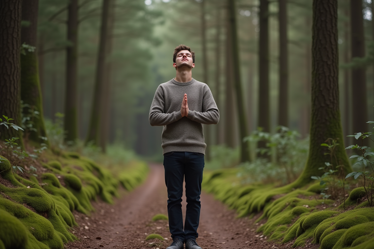 Jeune homme méditant dans la forêt avec yeux fermés