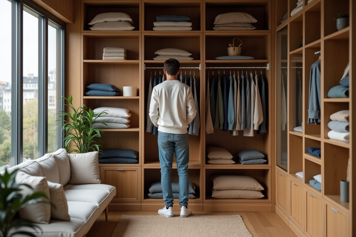 Jeune homme dans un sunroom évaluant ses vêtements saisonniers