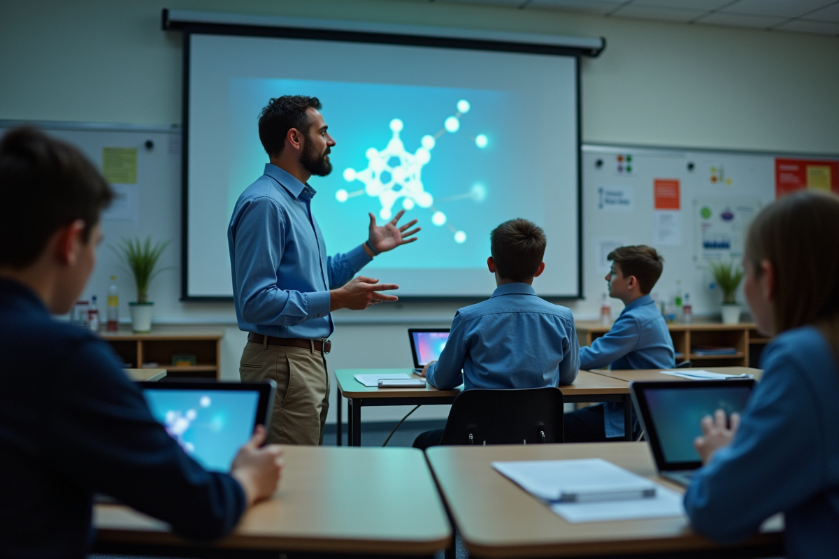 Professeur de sciences montrant molécule AR aux élèves